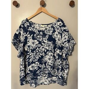 C&C California 100% LInen Top Floral Hibiscus Short Sleeve Boxy Size 3X Tropical